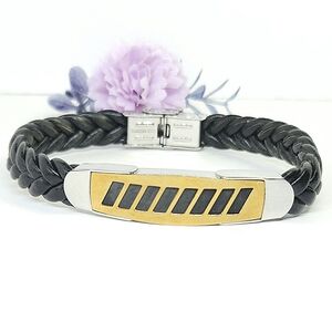 Bijoup Men's Stainless Steel & Gold Leather Braided Bracelet Unisex